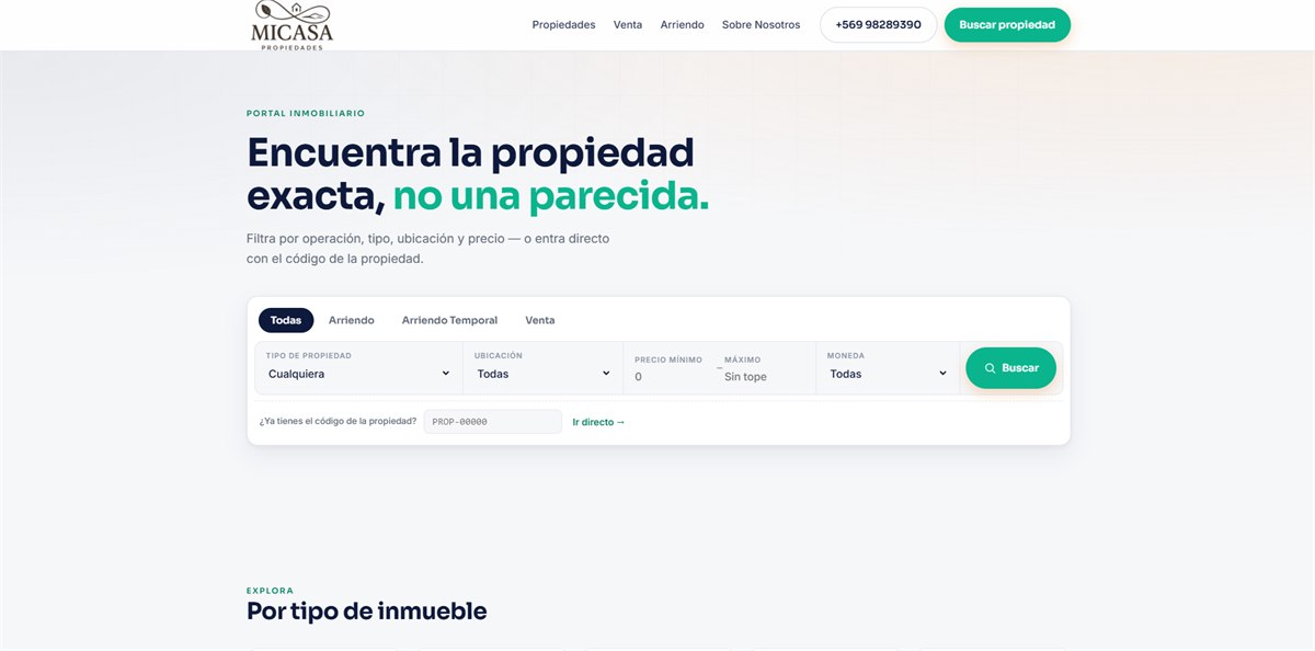 Portal inmobiliario desarrollado para MiCasa Propiedades