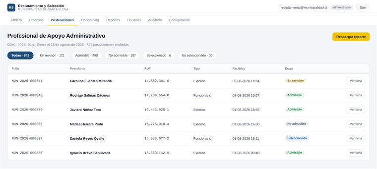 Pantalla Postulaciones de la plataforma de reclutamiento