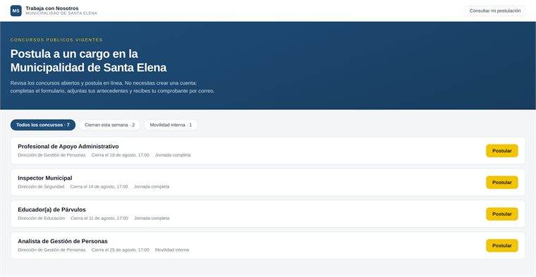 Pantalla Portal público de la plataforma de reclutamiento